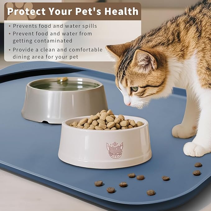Silicone Pet Food Mat with Raised Edge for Food and Water Bowl, Dog Feeding Mats, Cat Food Trays for Floor Waterproof, Rubber Tray for Dogs and Cats, 19 x 12 x 0.7 Slate Blue