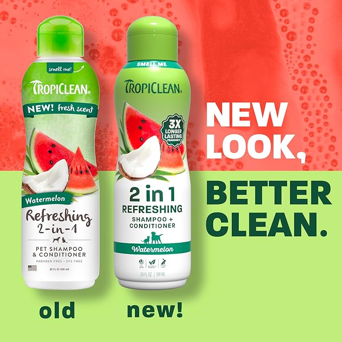 TropiClean Watermelon Refreshing 2-in-1 Cat & Dog Shampoo and Conditioner | Cat & Dog Bath Supplies | 20 oz | Made in The USA