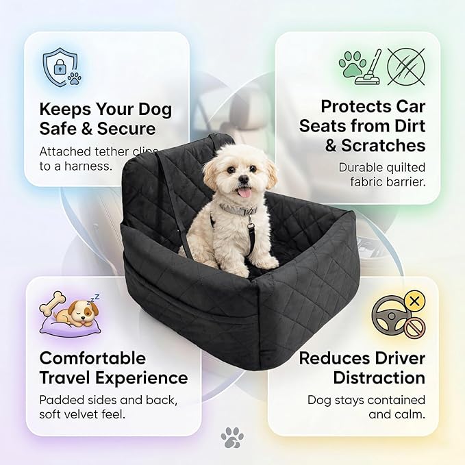 Small Dog Car Seat & Medium Dogs with 4 Rolls of Poo Bags, Booster Seat with Detachable Washable Cover, Travel-Safe with Safety Belts & Storage Pockets, Made with Soft Cotton & Durable Polyester