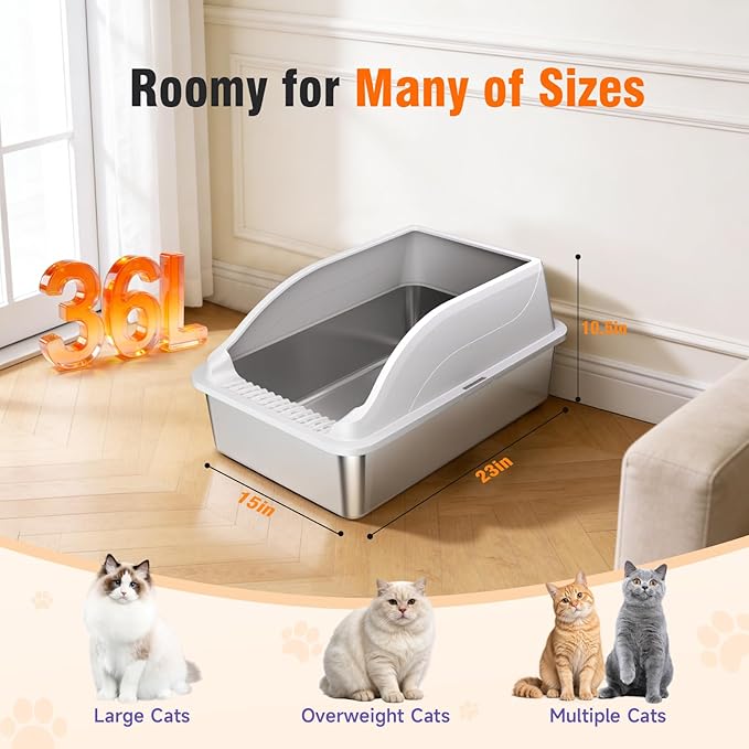 2PACK Stainless Steel Litter Box, Odor Free XL Metal Litter Box Extra Large with High Sides, Easy Cleaning Open Top Litter Pan Include Scoop Non-Sticky Kitty Cat Box Anti-Urine Leakage, Anti-Scratch