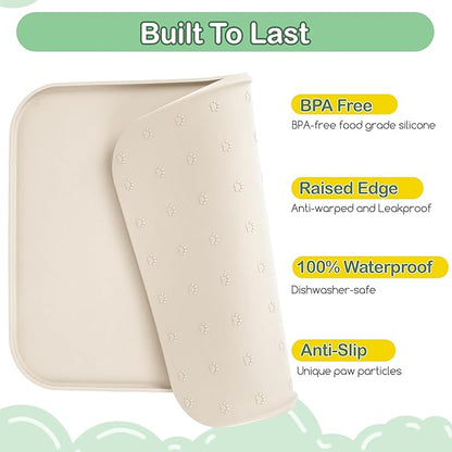 100% Waterproof Silicone Pet Feeding Mat,Warped Resistant Raised Edge BPA-Free Dog Cat Food Mats, Non-Slip Pet Placemat with High Lip to Prevent Spills, Dishwasher Safe, 21.5"x14" Beige