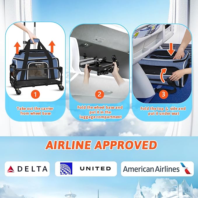 Petskd Top and Side Expandable Pet Carrier with Wheels 18x11x11 Inches Delta United Airline Approved, Soft-Sided Carrier for Small Cats and Dogs with Locking Safety Zippers and Anti-Scratch Mesh(Blue)