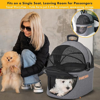 PAWZIDEA Portable Small Dog Crate for Car Travel up 33lbs, Enclosed Dog Car Seat Soft-Sided, Escape-Proof Reversible No-Zip Canopy, Foldable Pet Carrier Seatbelt for Small Medium Puppies & Cats Kennel