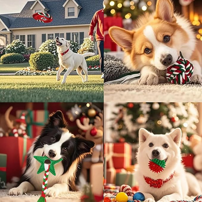 Christmas Dog Toys 15 Pack, Puppy Rubber Chew Toys with Rope Toys Set, Interactive Tough Christmas Gifts Box for Dogs, Training Playing Teething Busy Toys Bulk for Holiday Puppies Presents