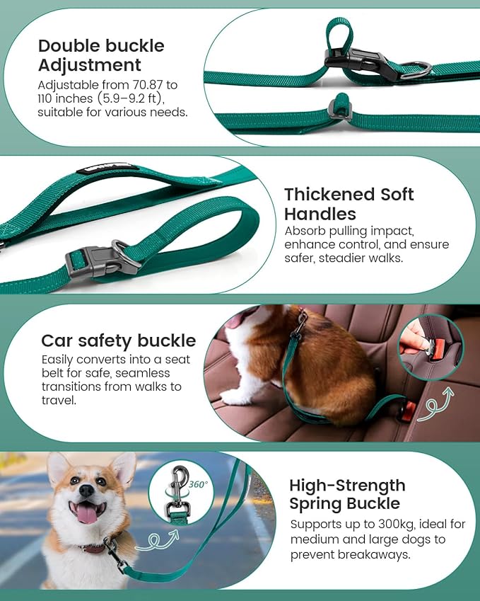 Hands Free Dog Leash, 2-in-1 Detachable Pet Seatbelt,5.9-9.2 ft Crossbody Dog Leash with Double-Sided Reflective for Walking, Hiking, Travel etc.(Orange)
