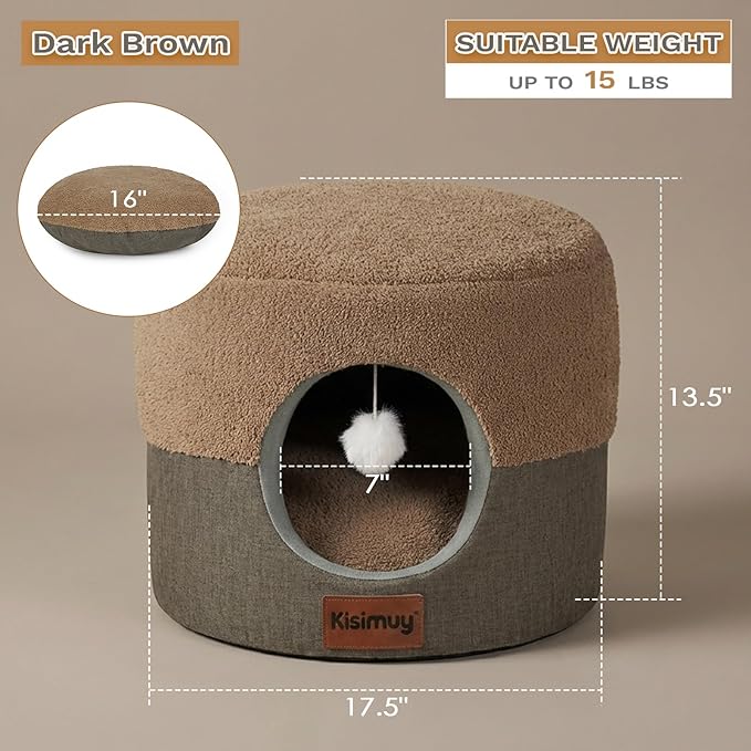 Cat Cave Bed, 2-in-1 Cat House & Lounge with Reversible Plush Cushion, Calming Anti-Anxiety Round Design for Indoor Cats, Kittens, Small Dogs & Puppies, Foldable Round Hideaway, 17.5 Inches