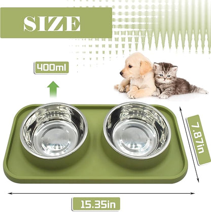 Double Dog Food Bowls Stainless Steel with No Spill Non Skid Silicone Mat Removable Dog Water and Food Bowls Set Durable Feeding for Small Dogs Puppy Cat Kitten(Green)