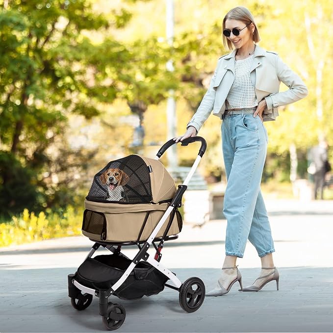 Pet Stroller for Medium Small Dog & Cat, Foldable Lightweight Dog Stroller with Storage Basket Pet Travel Carriage with Safety Leashes, 4 Wheel, Khaki