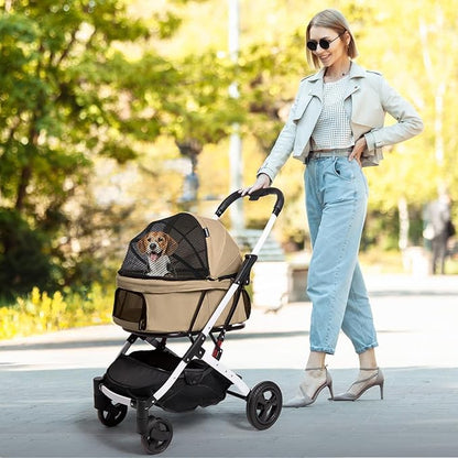 Pet Stroller for Medium Small Dog & Cat, Foldable Lightweight Dog Stroller with Storage Basket Pet Travel Carriage with Safety Leashes, 4 Wheel, Khaki