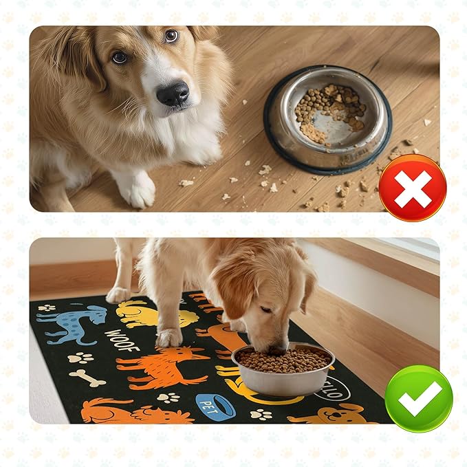 Cute Happy Dog Food Mat for Cat Food Mat Food and Water Bowl Pet Feeding Bowl Mats for Pet Feeding Areas Easy Clean Fast Dry Small Cats and Dogs Feedings Mats 24" x 16"