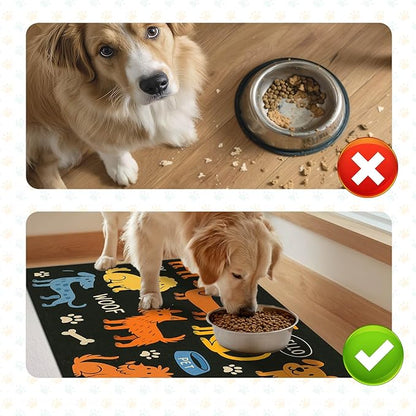 Cute Happy Dog Food Mat for Cat Food Mat Food and Water Bowl Pet Feeding Bowl Mats for Pet Feeding Areas Easy Clean Fast Dry Small Cats and Dogs Feedings Mats 24" x 16"