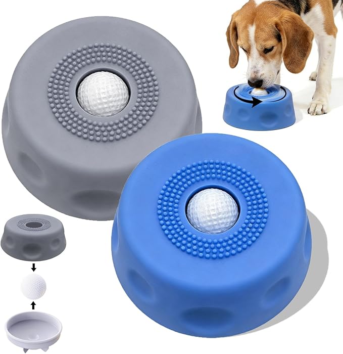 Dog Lick Bowl with Rolling Ball, 2026 Upgraded Slow Feeder Dog Bowls with Anti-Slip Base for Yogurt, Bone Broth, Water, Interactive Lick Toy for Large Medium Small Dogs (2PC Blue+Grey)