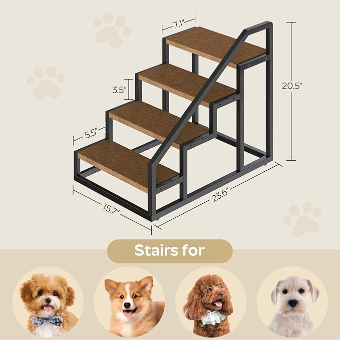 Dog Stairs for Small Dogs, 4-Steps Dog Steps for High Beds and Couch, 20.5”H Pet Steps with Non-Slip, Brown and Black LT01BV