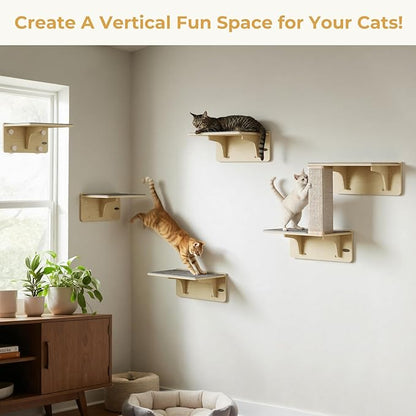Pecute 2-in-1 Cat Window Perch & Wall Shelves - Sturdy Solid Wood Frame, 4 Large Rotating Suction Cups, Washable Carpet Cloth Cover, Space-Saving Indoor Cat Hammock Bed for Kittens Inside, 12"x10"