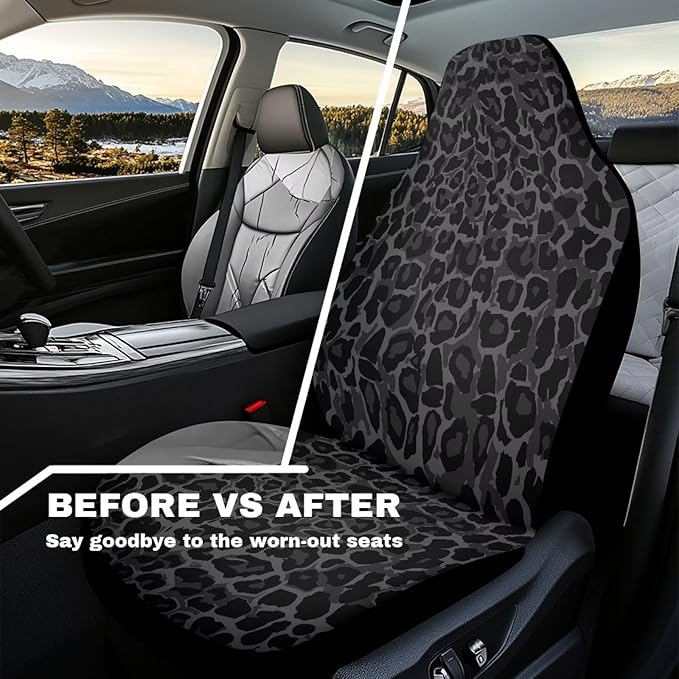 Car Front Seat Covers Waterproof Black Gray Leopard Print Car Seat Cover Auto Interior Accessories 2 Pcs Set Automobile Front Seats Covers Universal Fit for Most Vehicles Women Men