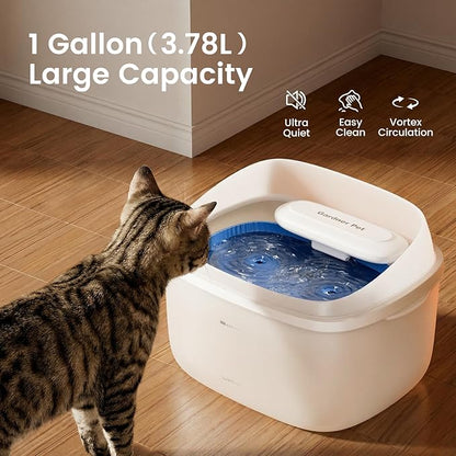 Gardner Pet Cat Fountain 1 Gallon, Vortex Dog Water Fountain, Ultra Quiet Automatic Cat Fountain with Filter, Transparent Tank, Splash-Proof, Easy to Clean,Without Adapter (White)