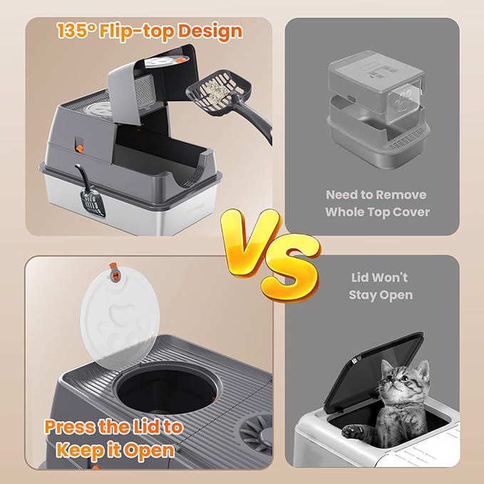 135° Flip-Top Stainless Steel Litter Box with Lid, Extra Large Enclosed Cat Litter Box, Metal Litter Pan with Front & Top Entry, Odor Control, Scoop & Filter Pedal