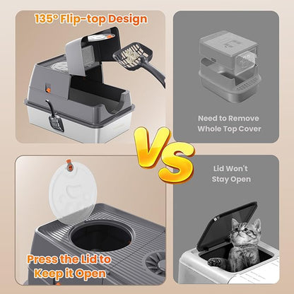 135° Flip-Top Stainless Steel Litter Box with Lid, Extra Large Enclosed Cat Litter Box, Metal Litter Pan with Front & Top Entry, Odor Control, Scoop & Filter Pedal