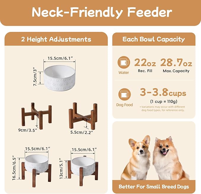 Ceramic 6.1inch Raised Dog and Cat Bowl Set, 2 Heights Elevated with Acacia Wood Stand, Food and Water Bowl for Small Breed Dogs, Weighted Dog Dishes(27oz, Arctic White)