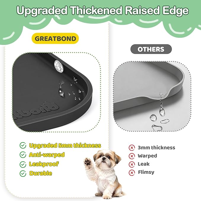 100% Waterproof Silicone Pet Feeding Mat,Warped Resistant Raised Edge BPA-Free Dog Cat Food Mats, Non-Slip Pet Placemat with High Lip to Prevent Spills, Dishwasher Safe, 21.5"x14" Black