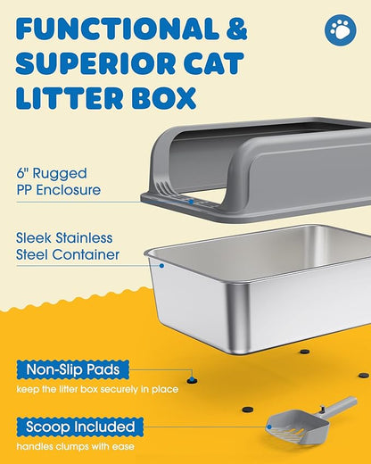 2-Pack Stainless Steel Cat Litter Box for Kitty with Scoops, Non-Stick & Easy-to-Clean Metal Cat Litter Box with Leakproof Enclosure, Grey