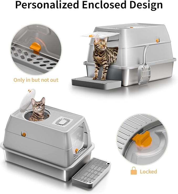Stainless Steel Cat Litter Box with Lid, XL Large Enclosed High Sided Litter Box with Removable Lid, Carbon Filters -Odor Free, Easy Cleaning, Anti-Urine Leakage for Big Cats/Multiples-Grey