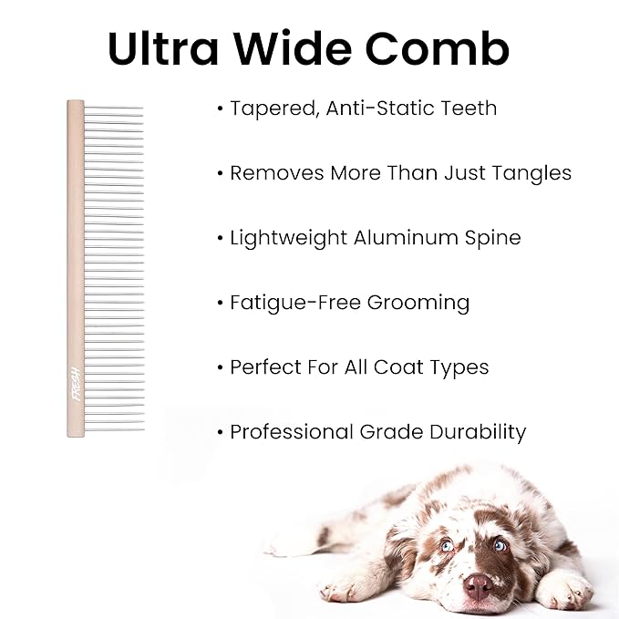 Fresh Ultra Wide Metal Pet Comb, Oval Aluminum Handle, Wide Tooth Spacing, Metal Grooming Comb for Dogs, 7.5"