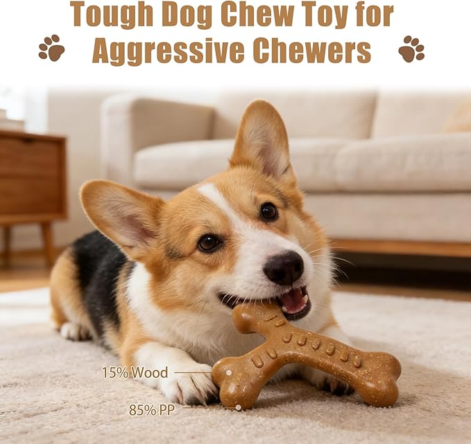 Dog Chew Toys for Aggressive Chewers, Durable Nylon & Wood Teething Toy with Chicken Flavor, Tough Chewing Dog Toys for Large Dogs (Wishbone)