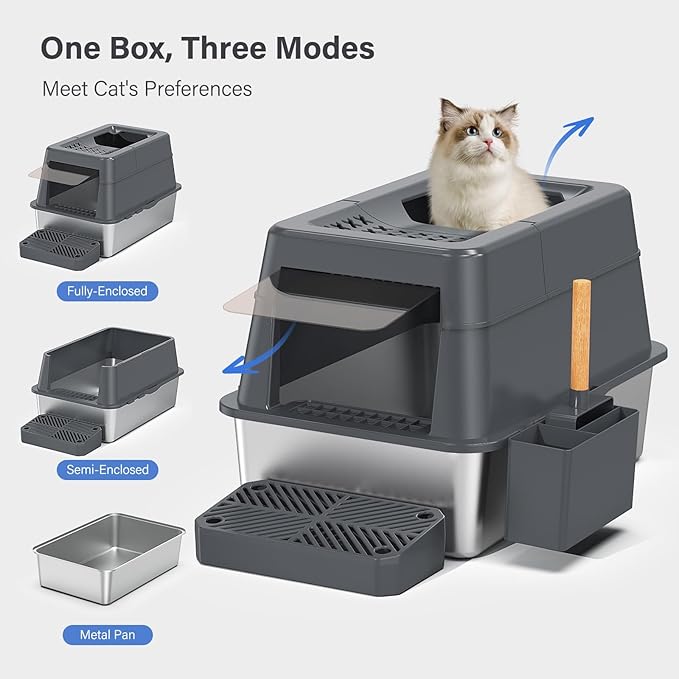 Stainless Steel Litter Box with Lid, XL Extra Large Enclosed Cat Litter Box Fits All Cats Modular Design with Flip Cover, Top Entry Metal High Sided Cat Box & Pedal & Scoop (Dark Grey)