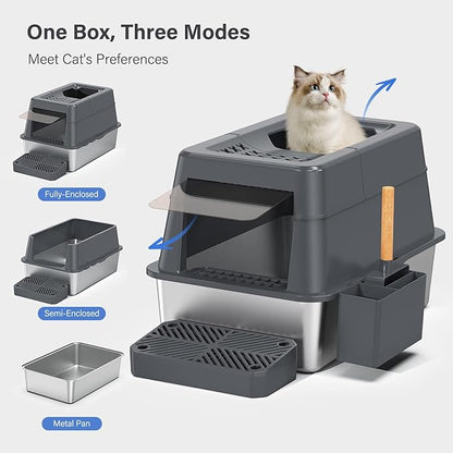 Stainless Steel Litter Box with Lid, XL Extra Large Enclosed Cat Litter Box Fits All Cats Modular Design with Flip Cover, Top Entry Metal High Sided Cat Box & Pedal & Scoop (Dark Grey)