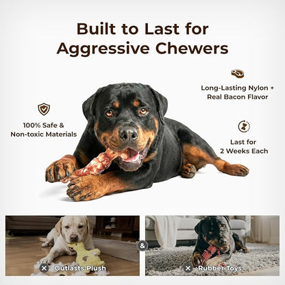 3 Pack Dog Toys for Aggressive Chewers - Tough Durable Nylon Chew Toys Bacon Flavored for Large Dogs 20-90lbs