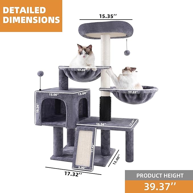 ROYPET Cat Tree with Cat Condo and Two Hammocks, Cat Tower with Scratching Posts and Scratching Pads, Grey
