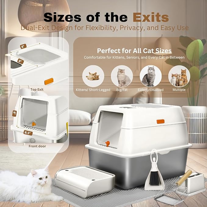 XL Stainless Steel Litter Box with Lid, Fully Enclosed 6" Deep Metal Cat Litter Box, Leak-Proof, Clumping Litter for Large, Multi-Cats, with Litter Mat, Scooper & Brush (6'' White XL)