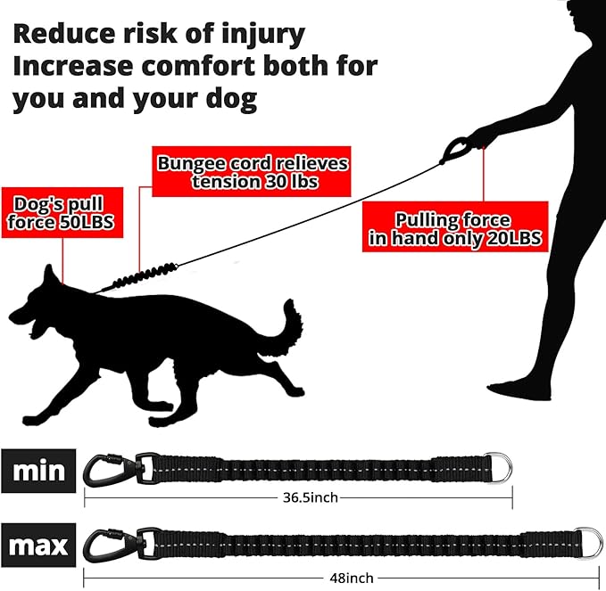 Rope Dog Leash 5 FT: Heavy Duty Leashes with Swivel Lockable Hook Reflective Threads Bungee and Padded Handle - Dog Lead for Large Small Medium Dogs Outside Walking Hiking Black