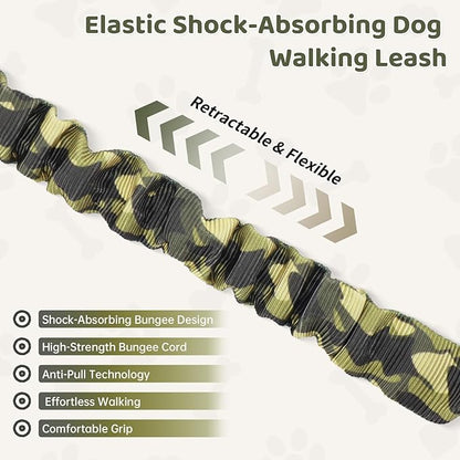 Hands Free Dual Handle Retractable Bungee Leash with Reflective Trim, Adjustable Waist Belt for Dog Walking, Running, Hiking - Durable Nylon Leash for Medium Large Dogs, Military Green