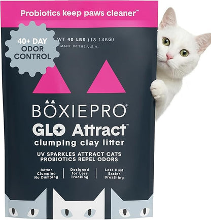 Boxie Glo Clumping Clay 30 Day Odor Control Cat Litter, 99.9% Dust-Free, Low Tracking, UV Light Attractant, 40 lb
