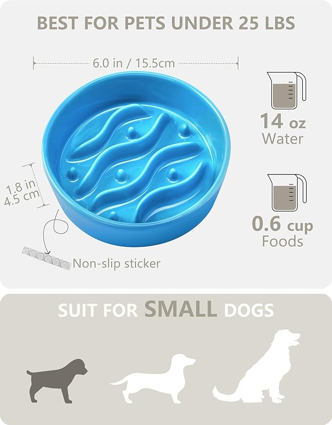 Ceramic Slow Feeder Dog Bowls for Small Dogs, 0.6 Cup Dog Slow Feeder for Fast Eater, Puzzle Maze Bowl, 14oz, 6in, Baby Blue