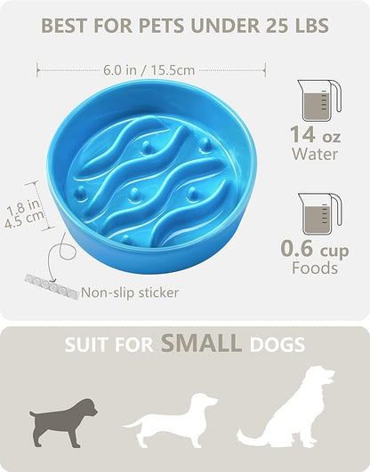 Ceramic Slow Feeder Dog Bowls for Small Dogs, 0.6 Cup Dog Slow Feeder for Fast Eater, Puzzle Maze Bowl, 14oz, 6in, Baby Blue