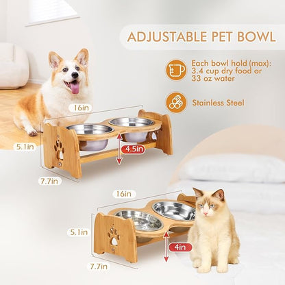 X-ZONE PET Elevated Dog Bowls for Cats and Dogs, Adjustable Bamboo Raised Dog Bowls for Small Dog, Food and Water Set Stand Feeder with 2 Stainless Steel Bowls and Anti Slip Feet (Height 4" to 4.5")