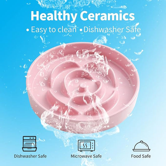 8.66 in Pink Ceramic Slow Feeder Dog Bowl for Medium and Large Breed,Pet Feeding Dog Food Water Dish Heavy Weighted,Puppy Bowl for Fast Eaters,Puzzle Slow Eating Dish Modern Cute