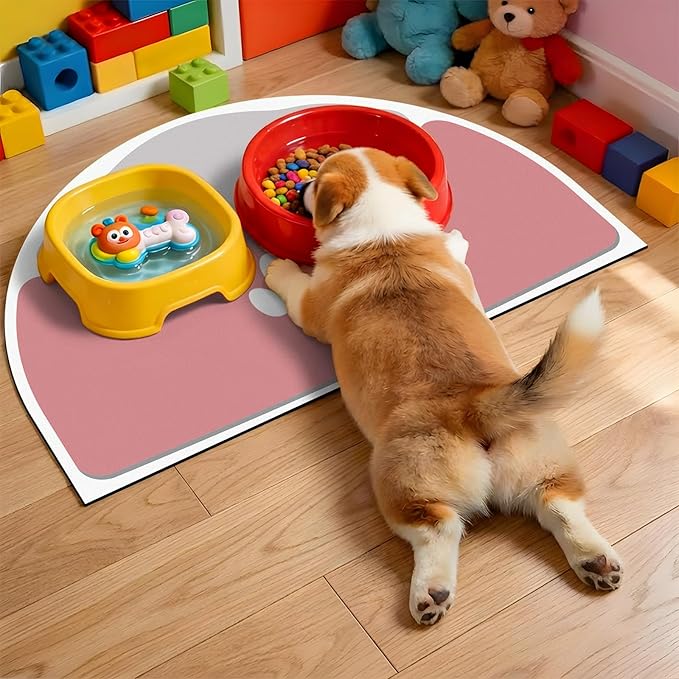 Dog Food Mat Half Round - 28''x17'' Absorbent Mat for Dog Water Bowl, Extra Large Pet Food Mat for Multiple Pets Families, Pet Water Mat Protect Floor, Fit with Automatic Feeders & Double-Bowl