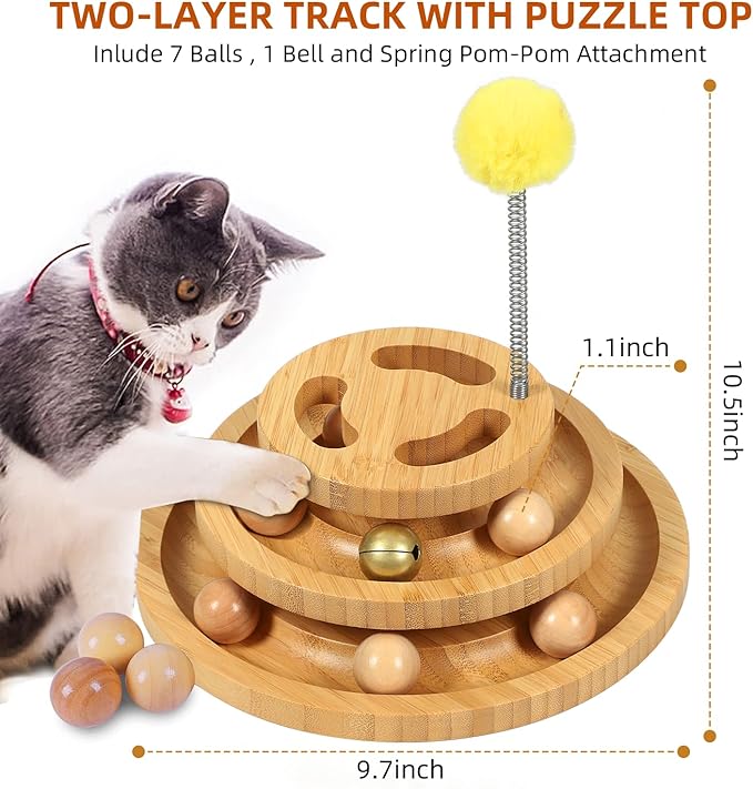 Cat Ball Track Toy with Puzzle Top, 3-Level Tower with 9 Removable Balls, Interactive Toy for Kitten Mental & Physical Exercise