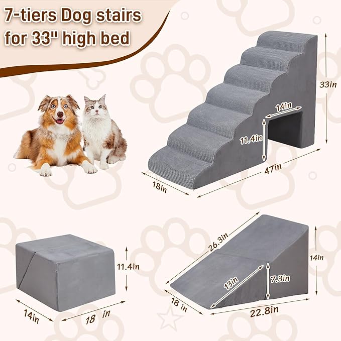 7-Step Dog Stairs for Bed 30-36" H, Dog Steps for High Bed, Pet Steps for Small, Older Pets, Non-Slip Balanced Pet Ramp Indoor, Grey