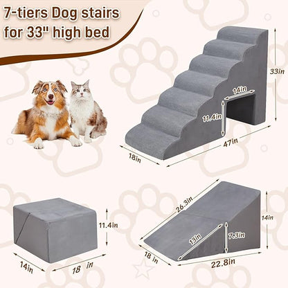 7-Step Dog Stairs for Bed 30-36" H, Dog Steps for High Bed, Pet Steps for Small, Older Pets, Non-Slip Balanced Pet Ramp Indoor, Grey