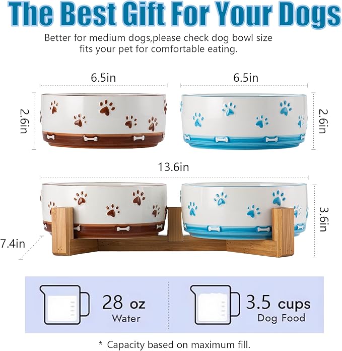 YUN TAO 3.5 Cups Pet Bowls Set of 2 for Medium Dogs,Ceramic Pet Food Water Dish Feeding with Wooden Stand,Cute Puppy Pet Dishes,Includes Non-Slip Silicone Mat