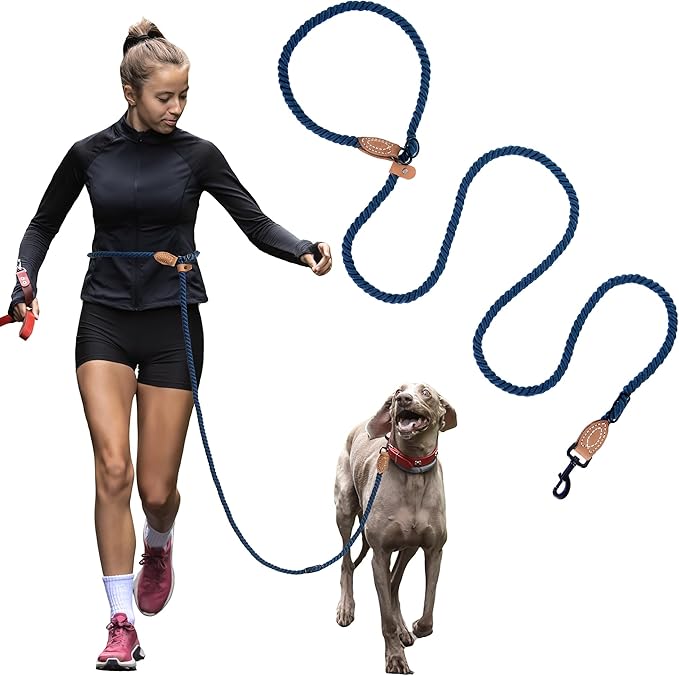 Mile High Life Hands Free Dog Leash, Crossbody Waist Leash with Genuine Leather Connection, Multifunctional Adjustable Slip Lead for Dog Walking Running (Navy Blue, 7FT)