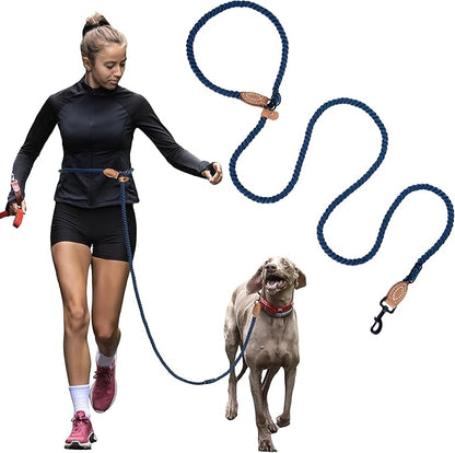 Mile High Life Hands Free Dog Leash, Crossbody Waist Leash with Genuine Leather Connection, Multifunctional Adjustable Slip Lead for Dog Walking Running (Navy Blue, 7FT)