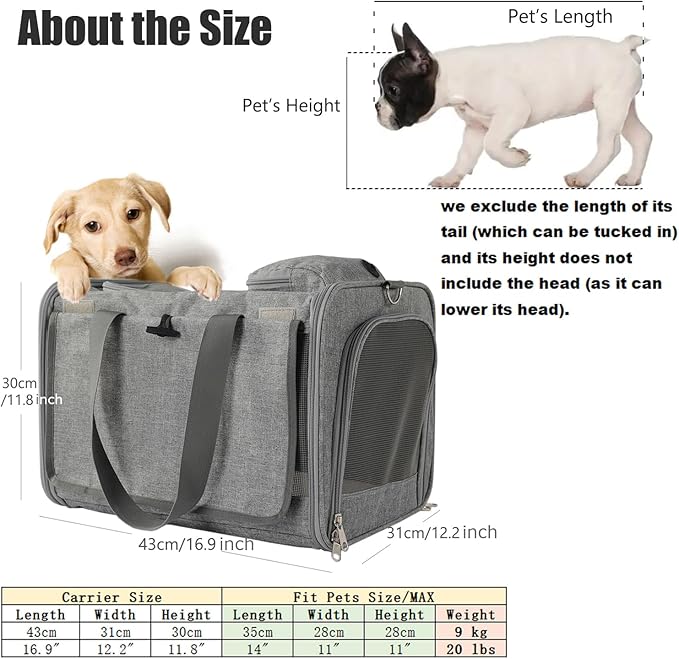 HSC PET Grey Cat Carriers Soft Small Dogs Carrier Airline Approved,Soft-Sided Pets Carrier with Large Pockets,Active Sunshades Curtains,Lightweight,Keeped Shape (Hold up Well)