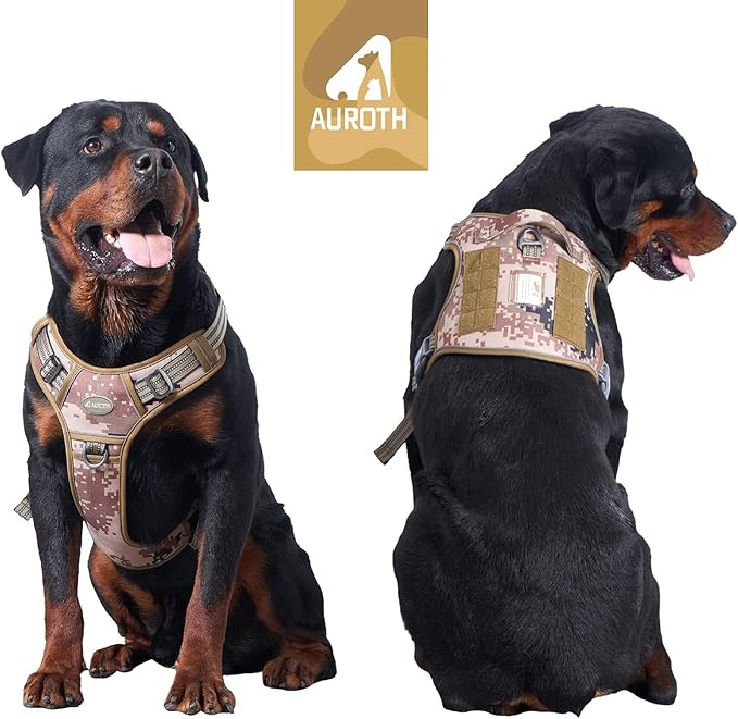 AUROTH Tactical Pet Harness for Large Dogs No Pull Adjustable, Reflective Working Training Easy Control Vest Military fpr Service Dog Desert Camo L