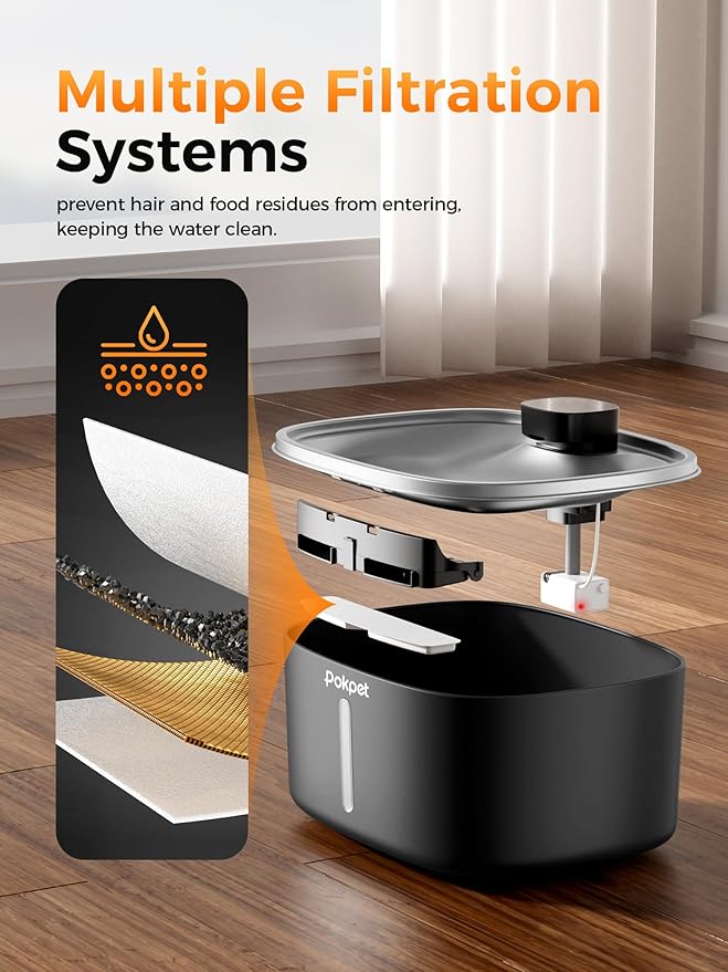 Water Fountain for Dogs Indoor Homes Stainless Steel 10L/2.64GAL Plug in Plastic Reservoir Stainless Steel Water Bowl Filtered Multi-Pet Quiet Large Black Plug-in &1Filter